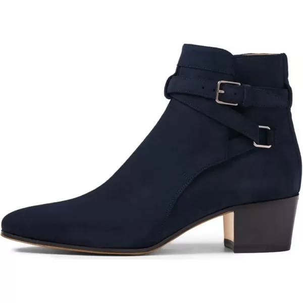 imageFSJ Women Elegant Round Toe Ankle Boots Comfortable Walking Mid High Chunky Heel Strappy Buckle Dress Shoes Size 415 M USNavy