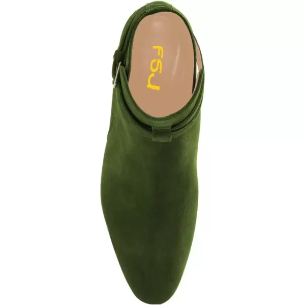 imageFSJ Women Elegant Round Toe Ankle Boots Comfortable Walking Mid High Chunky Heel Strappy Buckle Dress Shoes Size 415 M USOlive Green