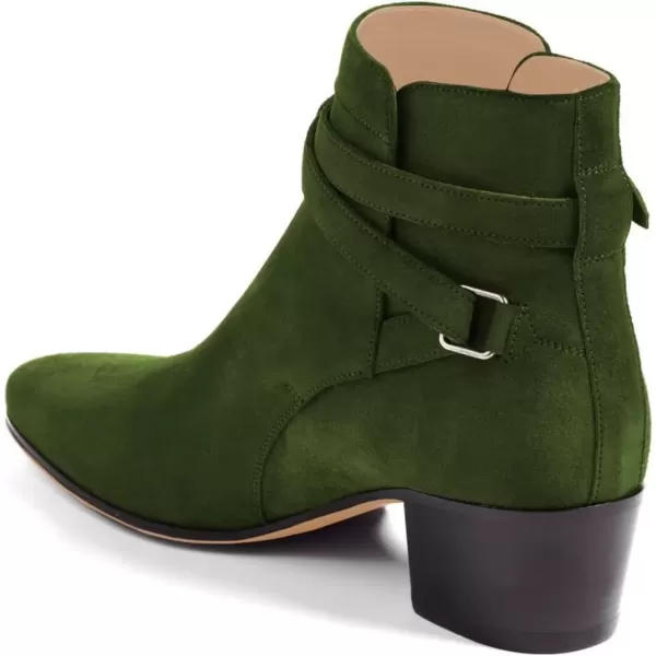 imageFSJ Women Elegant Round Toe Ankle Boots Comfortable Walking Mid High Chunky Heel Strappy Buckle Dress Shoes Size 415 M USOlive Green