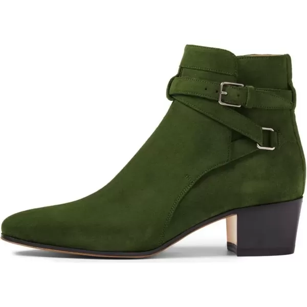 imageFSJ Women Elegant Round Toe Ankle Boots Comfortable Walking Mid High Chunky Heel Strappy Buckle Dress Shoes Size 415 M USOlive Green