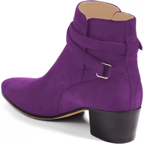 imageFSJ Women Elegant Round Toe Ankle Boots Comfortable Walking Mid High Chunky Heel Strappy Buckle Dress Shoes Size 415 M USPurple