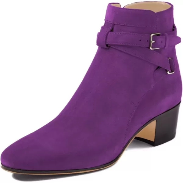 imageFSJ Women Elegant Round Toe Ankle Boots Comfortable Walking Mid High Chunky Heel Strappy Buckle Dress Shoes Size 415 M USPurple
