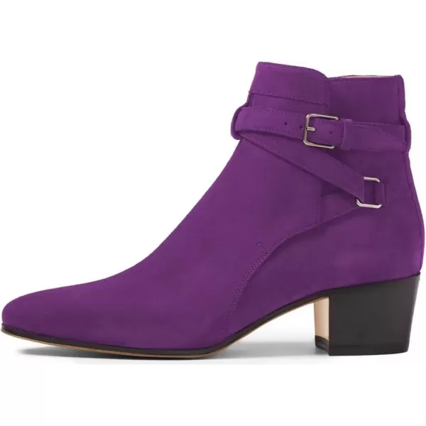 imageFSJ Women Elegant Round Toe Ankle Boots Comfortable Walking Mid High Chunky Heel Strappy Buckle Dress Shoes Size 415 M USPurple