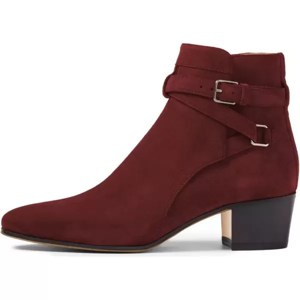 imageFSJ Women Elegant Round Toe Ankle Boots Comfortable Walking Mid High Chunky Heel Strappy Buckle Dress Shoes Size 415 M USWine Red