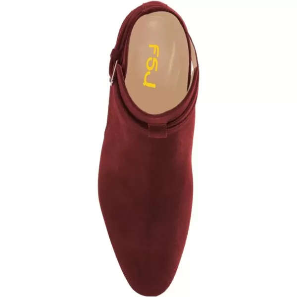 imageFSJ Women Elegant Round Toe Ankle Boots Comfortable Walking Mid High Chunky Heel Strappy Buckle Dress Shoes Size 415 M USWine Red