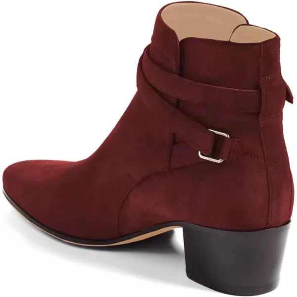 imageFSJ Women Elegant Round Toe Ankle Boots Comfortable Walking Mid High Chunky Heel Strappy Buckle Dress Shoes Size 415 M USWine Red