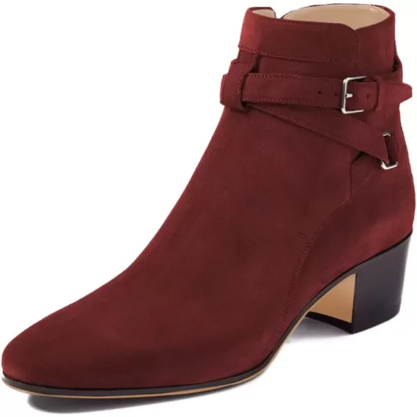 imageFSJ Women Elegant Round Toe Ankle Boots Comfortable Walking Mid High Chunky Heel Strappy Buckle Dress Shoes Size 415 M USWine Red