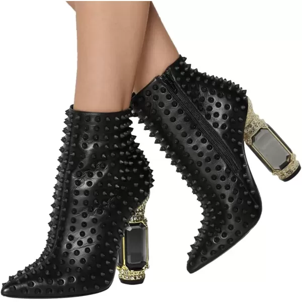 imageFSJ Women Fashion Ankle Boots Crystal Chunky High Heel Pointed Toe Side Zipper Comfort Dress Short Booties Size 415 USBlack Rivets Matte