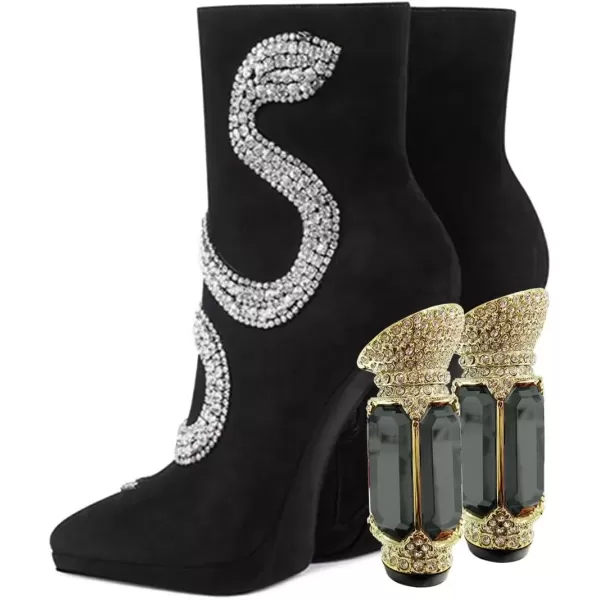imageFSJ Women Fashion Ankle Boots Crystal Chunky High Heel Pointed Toe Side Zipper Comfort Dress Short Booties Size 415 USBlack Snake