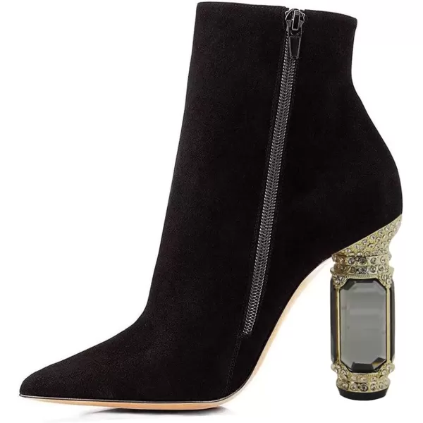 imageFSJ Women Fashion Ankle Boots Crystal Chunky High Heel Pointed Toe Side Zipper Comfort Dress Short Booties Size 415 USBlack Suede