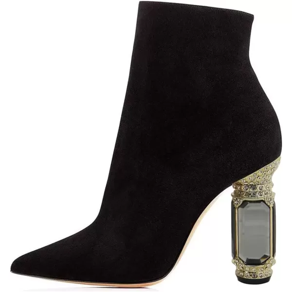 imageFSJ Women Fashion Ankle Boots Crystal Chunky High Heel Pointed Toe Side Zipper Comfort Dress Short Booties Size 415 USBlack Suede
