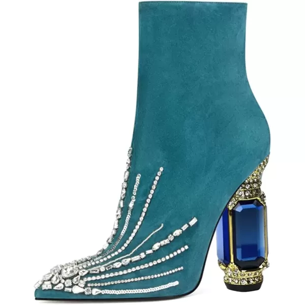 imageFSJ Women Fashion Ankle Boots Crystal Chunky High Heel Pointed Toe Side Zipper Comfort Dress Short Booties Size 415 USTeal