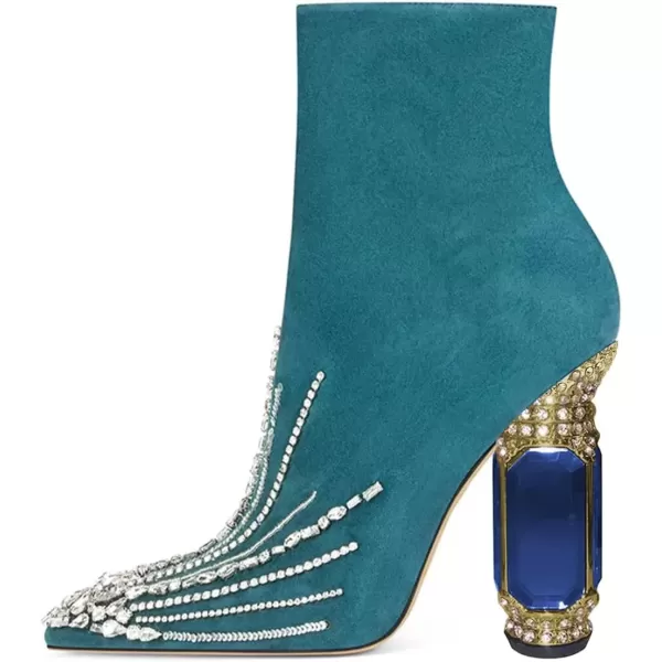 imageFSJ Women Fashion Ankle Boots Crystal Chunky High Heel Pointed Toe Side Zipper Comfort Dress Short Booties Size 415 USTeal
