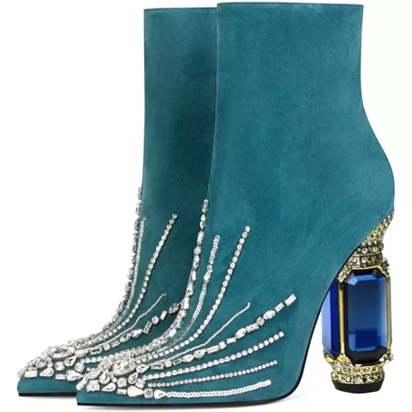 imageFSJ Women Fashion Ankle Boots Crystal Chunky High Heel Pointed Toe Side Zipper Comfort Dress Short Booties Size 415 USTeal