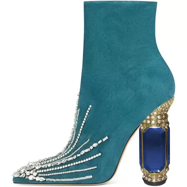 imageFSJ Women Fashion Ankle Boots Crystal Chunky High Heel Pointed Toe Side Zipper Comfort Dress Short Booties Size 415 USTeal