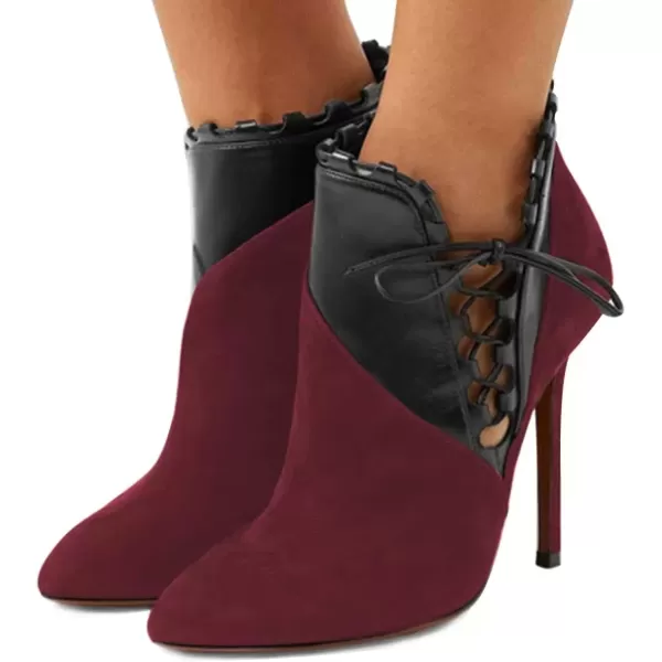 imageFSJ Women Fashion Closed Toe Ankle Booties Lace Up Bowknot High Heels Pumps Stilettos Winter Dress Office Wedding Shoes Size 415 USWine Red