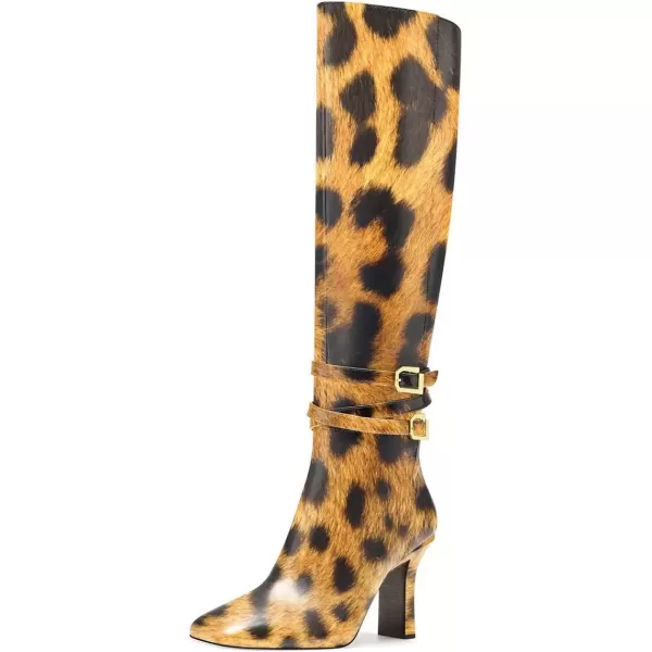 imageFSJ Women Fashion Knee High Long Boots Pull On Closed Toe Chunky Mid Heel Side Zipper Fall Winter Ladies Dress Party Casual Shoes Size 415 USYellow Leopart