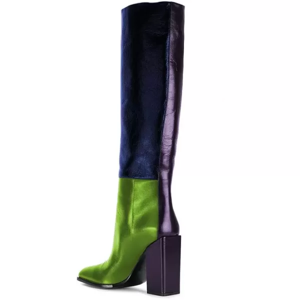 imageFSJ Women Fashion Knee High Stretch Long Boots Round Toe Block Chunky Heel Pull On Party Dress Shoes Size 415 USBlue Green