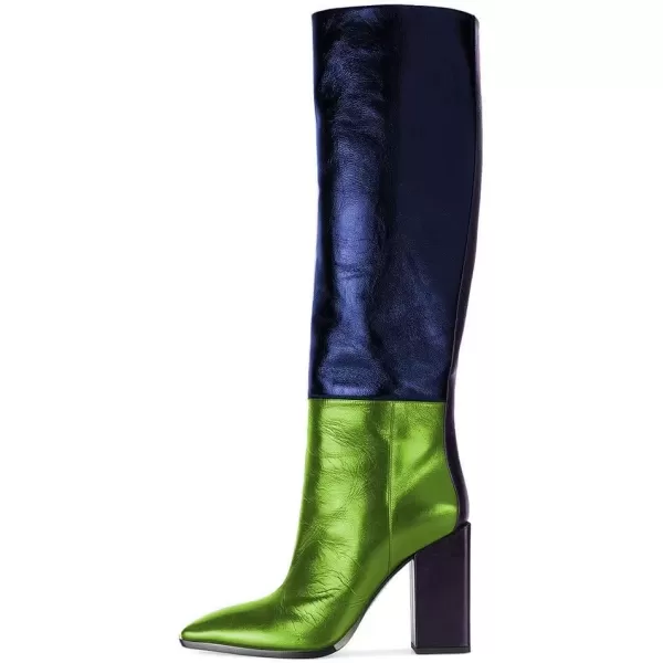 imageFSJ Women Fashion Knee High Stretch Long Boots Round Toe Block Chunky Heel Pull On Party Dress Shoes Size 415 USBlue Green