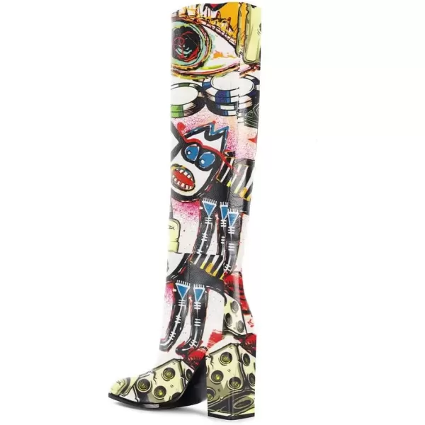 imageFSJ Women Fashion Knee High Stretch Long Boots Round Toe Block Chunky Heel Pull On Party Dress Shoes Size 415 USGraffiti