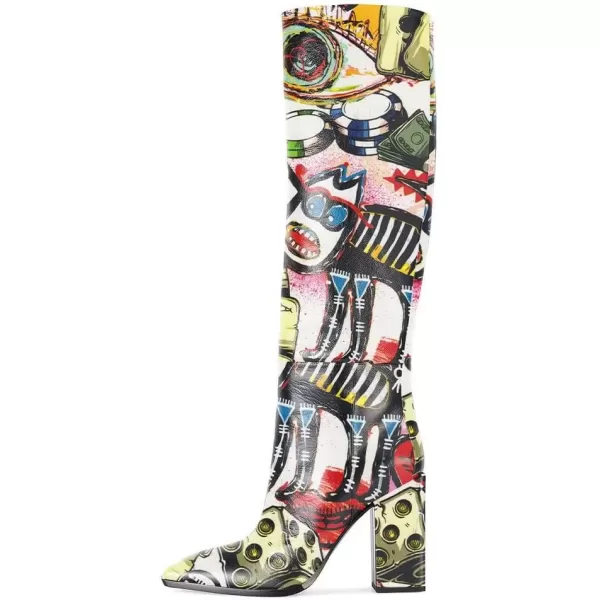 imageFSJ Women Fashion Knee High Stretch Long Boots Round Toe Block Chunky Heel Pull On Party Dress Shoes Size 415 USGraffiti