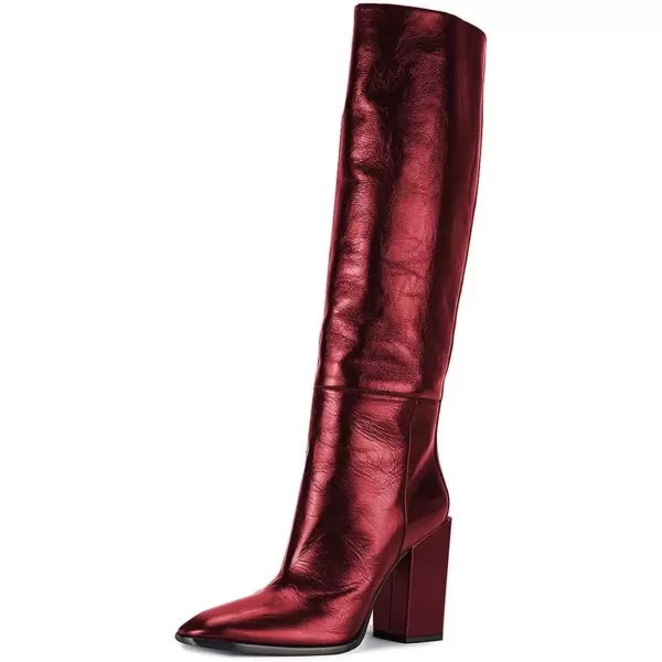 imageFSJ Women Fashion Knee High Stretch Long Boots Round Toe Block Chunky Heel Pull On Party Dress Shoes Size 415 USWine Red