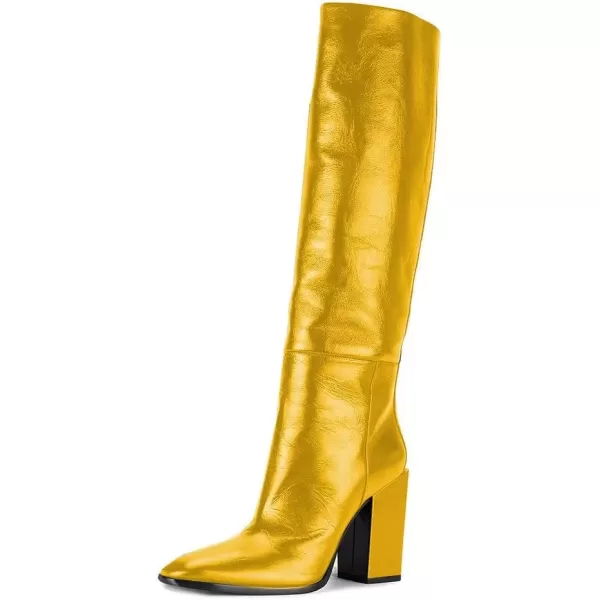 imageFSJ Women Fashion Knee High Stretch Long Boots Round Toe Block Chunky Heel Pull On Party Dress Shoes Size 415 USYellow