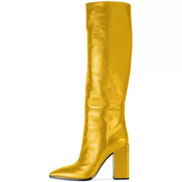 imageFSJ Women Fashion Knee High Stretch Long Boots Round Toe Block Chunky Heel Pull On Party Dress Shoes Size 415 USYellow