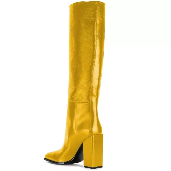 imageFSJ Women Fashion Knee High Stretch Long Boots Round Toe Block Chunky Heel Pull On Party Dress Shoes Size 415 USYellow