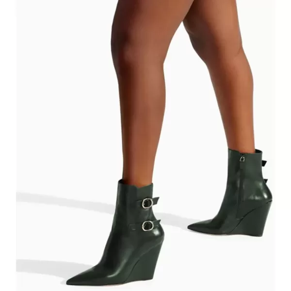 imageFSJ Women Fashion Pointed Toe Wedge High Heel Ankle Boots Side Zipper Casual Walking Ladies Shoes Size 415 USDark Green