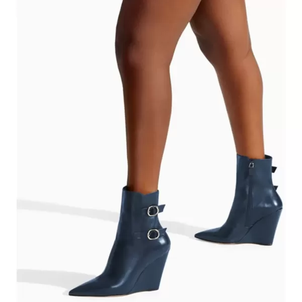 imageFSJ Women Fashion Pointed Toe Wedge High Heel Ankle Boots Side Zipper Casual Walking Ladies Shoes Size 415 USNavy