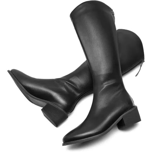 imageFSJ Women Stylish Knee High Boots Block Low Heel Closed Toe Mid Calf Riding Boot with Back Zipper Cowgirl Combat Fall Winter Long Boots Size 415 USBlack