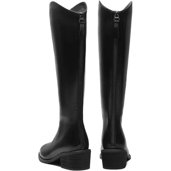 imageFSJ Women Stylish Knee High Boots Block Low Heel Closed Toe Mid Calf Riding Boot with Back Zipper Cowgirl Combat Fall Winter Long Boots Size 415 USBlack