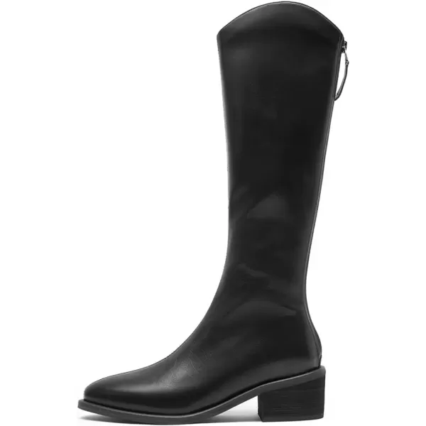 imageFSJ Women Stylish Knee High Boots Block Low Heel Closed Toe Mid Calf Riding Boot with Back Zipper Cowgirl Combat Fall Winter Long Boots Size 415 USBlack