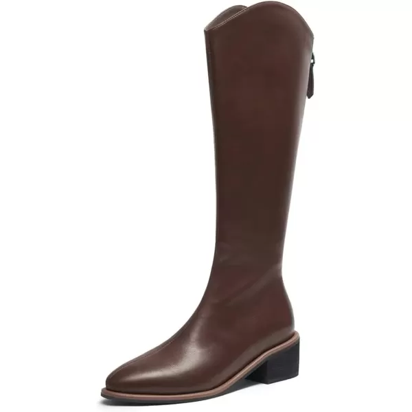 imageFSJ Women Stylish Knee High Boots Block Low Heel Closed Toe Mid Calf Riding Boot with Back Zipper Cowgirl Combat Fall Winter Long Boots Size 415 USBrown