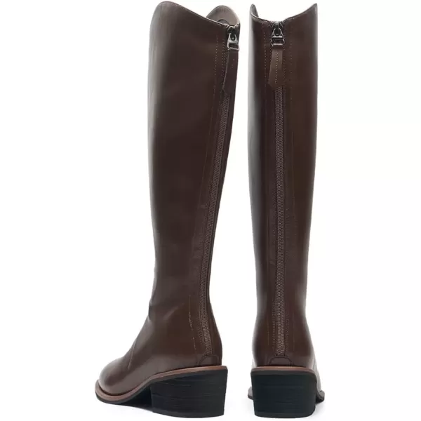 imageFSJ Women Stylish Knee High Boots Block Low Heel Closed Toe Mid Calf Riding Boot with Back Zipper Cowgirl Combat Fall Winter Long Boots Size 415 USBrown