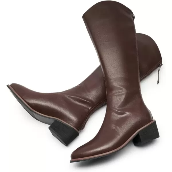 imageFSJ Women Stylish Knee High Boots Block Low Heel Closed Toe Mid Calf Riding Boot with Back Zipper Cowgirl Combat Fall Winter Long Boots Size 415 USBrown