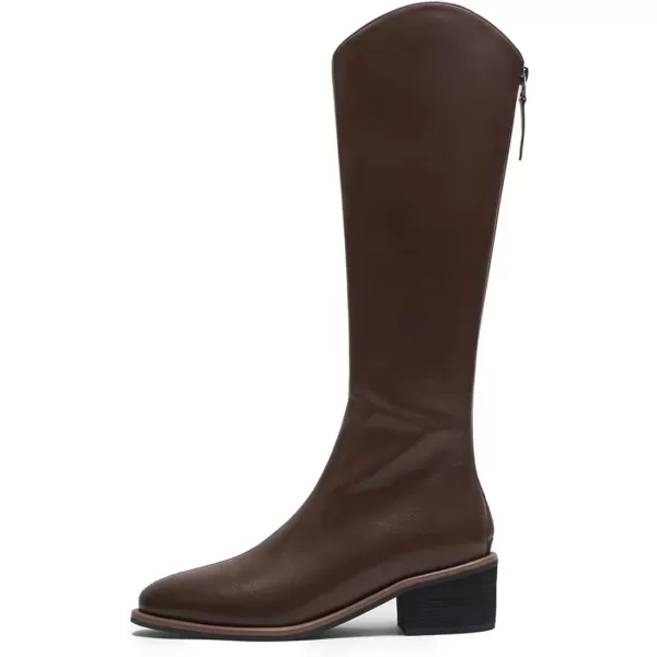 imageFSJ Women Stylish Knee High Boots Block Low Heel Closed Toe Mid Calf Riding Boot with Back Zipper Cowgirl Combat Fall Winter Long Boots Size 415 USBrown