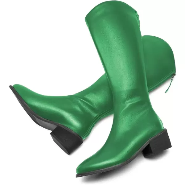 imageFSJ Women Stylish Knee High Boots Block Low Heel Closed Toe Mid Calf Riding Boot with Back Zipper Cowgirl Combat Fall Winter Long Boots Size 415 USGreen