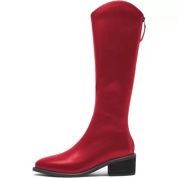 imageFSJ Women Stylish Knee High Boots Block Low Heel Closed Toe Mid Calf Riding Boot with Back Zipper Cowgirl Combat Fall Winter Long Boots Size 415 USRed