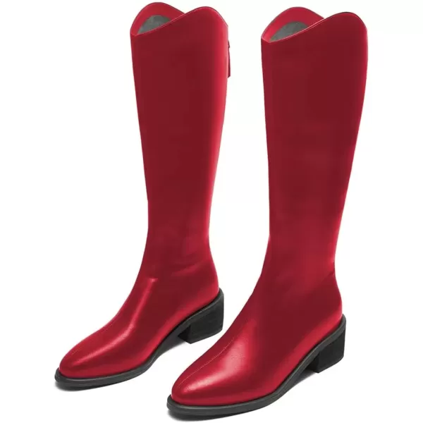 imageFSJ Women Stylish Knee High Boots Block Low Heel Closed Toe Mid Calf Riding Boot with Back Zipper Cowgirl Combat Fall Winter Long Boots Size 415 USRed