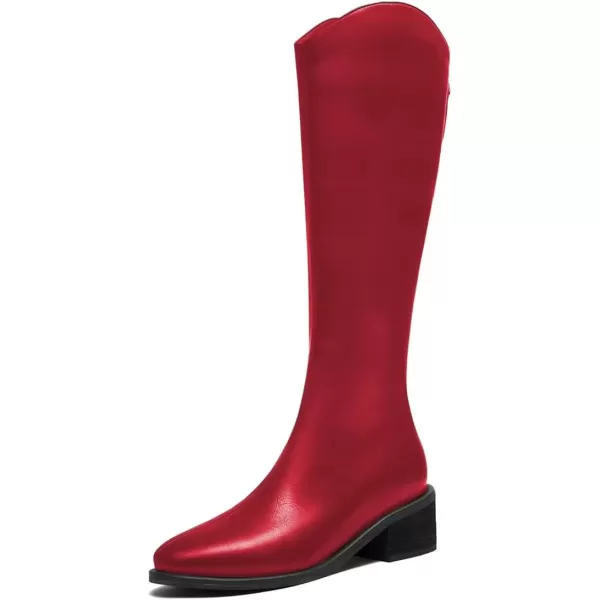imageFSJ Women Stylish Knee High Boots Block Low Heel Closed Toe Mid Calf Riding Boot with Back Zipper Cowgirl Combat Fall Winter Long Boots Size 415 USRed