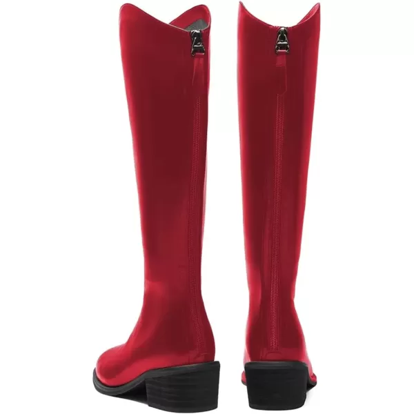 imageFSJ Women Stylish Knee High Boots Block Low Heel Closed Toe Mid Calf Riding Boot with Back Zipper Cowgirl Combat Fall Winter Long Boots Size 415 USRed