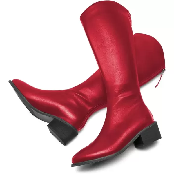 imageFSJ Women Stylish Knee High Boots Block Low Heel Closed Toe Mid Calf Riding Boot with Back Zipper Cowgirl Combat Fall Winter Long Boots Size 415 USRed