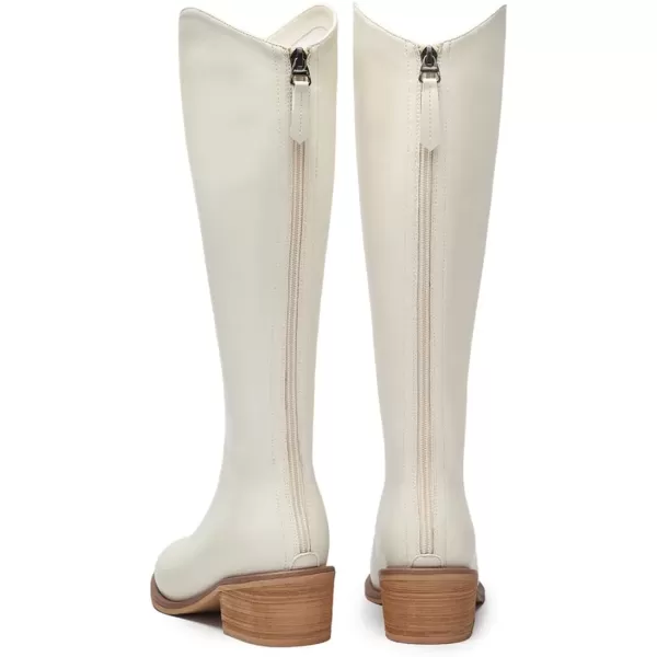 imageFSJ Women Stylish Knee High Boots Block Low Heel Closed Toe Mid Calf Riding Boot with Back Zipper Cowgirl Combat Fall Winter Long Boots Size 415 USWhite