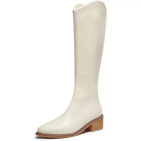 imageFSJ Women Stylish Knee High Boots Block Low Heel Closed Toe Mid Calf Riding Boot with Back Zipper Cowgirl Combat Fall Winter Long Boots Size 415 USWhite