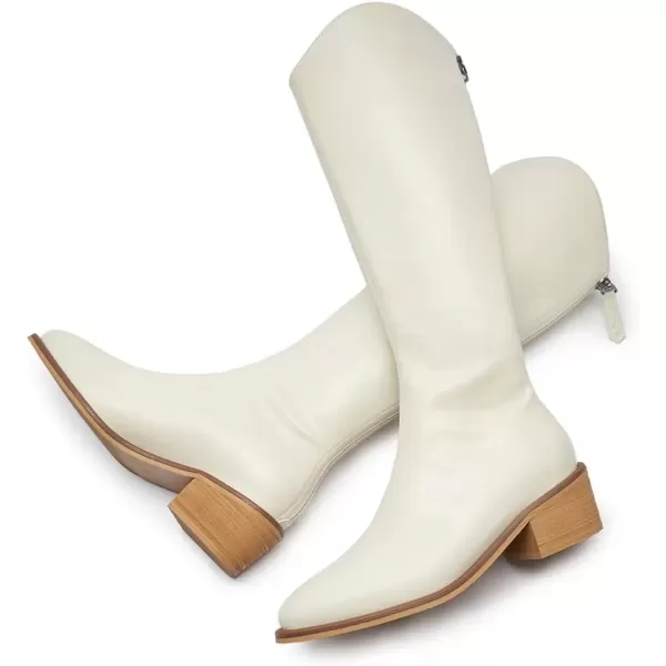 imageFSJ Women Stylish Knee High Boots Block Low Heel Closed Toe Mid Calf Riding Boot with Back Zipper Cowgirl Combat Fall Winter Long Boots Size 415 USWhite
