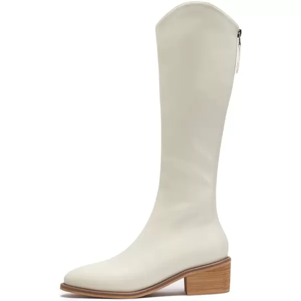 imageFSJ Women Stylish Knee High Boots Block Low Heel Closed Toe Mid Calf Riding Boot with Back Zipper Cowgirl Combat Fall Winter Long Boots Size 415 USWhite
