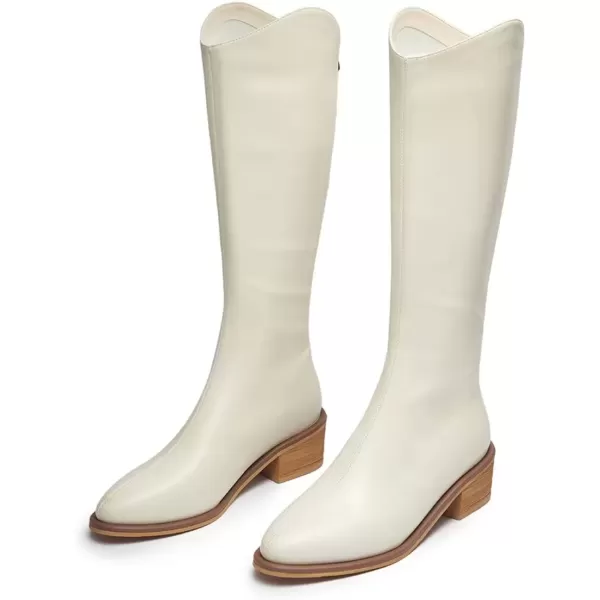 imageFSJ Women Stylish Knee High Boots Block Low Heel Closed Toe Mid Calf Riding Boot with Back Zipper Cowgirl Combat Fall Winter Long Boots Size 415 USWhite