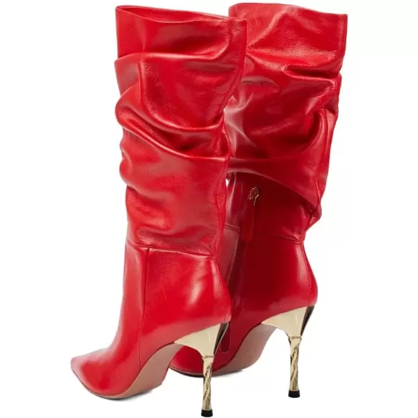 imageFSJ Women Trendy Slouch High Heel Mid Calf Boots Stiletto Pointed Toe Booties Side Zipper Ladies Winter Nightclub Party Dress Knee High Boots Size 415 USRed